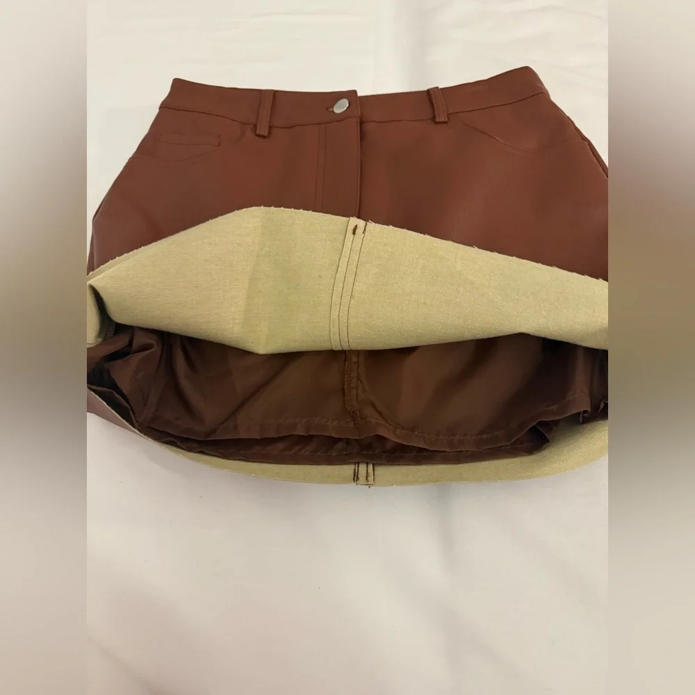 Chocolate Brown Vegan Leather Mini Skirt High Waisted Size L